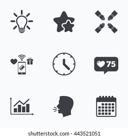 Lamp idea and clock time icons. Graph chart diagram sign. Teamwork symbol. Flat talking head, calendar icons. Stars, like counter icons. Vector