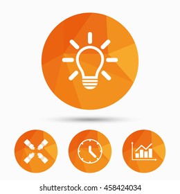Lamp idea and clock time icons. Graph chart diagram sign. Teamwork symbol. Triangular low poly buttons with shadow. Vector