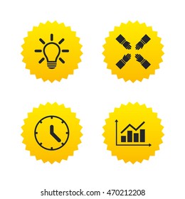 Lamp idea and clock time icons. Graph chart diagram sign. Teamwork symbol. Yellow stars labels with flat icons. Vector