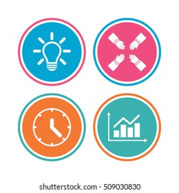 Lamp idea and clock time icons. Graph chart diagram sign. Teamwork symbol. Colored circle buttons. Vector