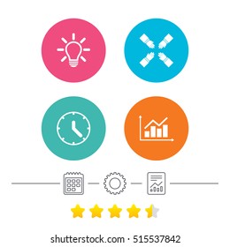 Lamp idea and clock time icons. Graph chart diagram sign. Teamwork symbol. Calendar, cogwheel and report linear. Star vote ranking. Vector