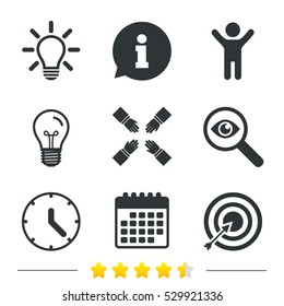 Lamp idea and clock time icons. Target aim sign. Darts board with arrow. Teamwork symbol. Information, light bulb and calendar icons. Investigate magnifier. Vector