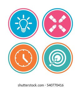 Lamp idea and clock time icons. Target aim sign. Darts board with arrow. Teamwork symbol. Colored circle buttons. Vector