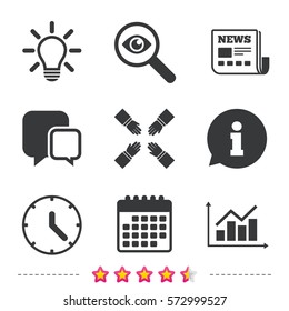 Lamp idea and clock time icons. Graph chart diagram sign. Teamwork symbol. Newspaper, information and calendar icons. Investigate magnifier, chat symbol. Vector