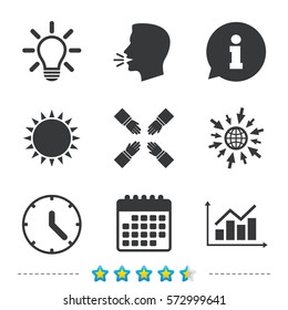 Lamp idea and clock time icons. Graph chart diagram sign. Teamwork symbol. Information, go to web and calendar icons. Sun and loud speak symbol. Vector