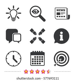 Lamp idea and clock time icons. Target aim sign. Darts board with arrow. Teamwork symbol. Newspaper, information and calendar icons. Investigate magnifier, chat symbol. Vector