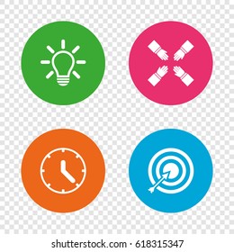 Lamp idea and clock time icons. Target aim sign. Darts board with arrow. Teamwork symbol. Round buttons on transparent background. Vector
