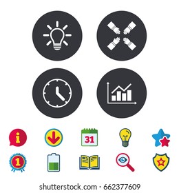 Lamp idea and clock time icons. Graph chart diagram sign. Teamwork symbol. Calendar, Information and Download signs. Stars, Award and Book icons. Light bulb, Shield and Search. Vector