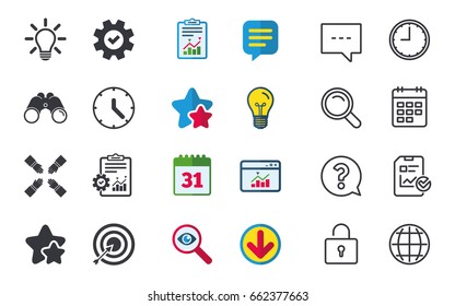 Lamp idea and clock time icons. Target aim sign. Darts board with arrow. Teamwork symbol. Chat, Report and Calendar signs. Stars, Statistics and Download icons. Question, Clock and Globe. Vector