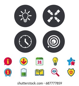 Lamp idea and clock time icons. Target aim sign. Darts board with arrow. Teamwork symbol. Calendar, Information and Download signs. Stars, Award and Book icons. Light bulb, Shield and Search. Vector