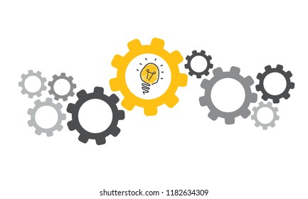 Lamp idea. Cogwheels chaos brain. Cogwheel, gear mechanism settings tools. Fun drawing vector gears person icon or sign. Service cog brain pattern or template banner. Think big ideas