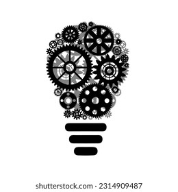 Lamp idea. Cogwheels chaos brain. Cogwheel, gear mechanism settings tools. Monochrome concept technology business. Think big ideas.
