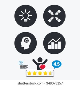 Lamp idea and head with gear icons. Graph chart diagram sign. Teamwork symbol. Star vote ranking. Client like and think bubble. Quotes with message.