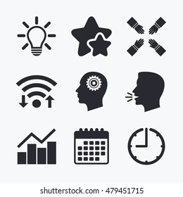 Lamp idea and head with gear icons. Graph chart diagram sign. Teamwork symbol. Wifi internet, favorite stars, calendar and clock. Talking head. Vector