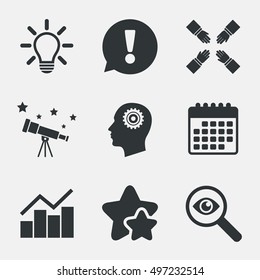 Lamp idea and head with gear icons. Graph chart diagram sign. Teamwork symbol. Attention, investigate and stars icons. Telescope and calendar signs. Vector