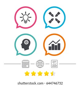 Lamp idea and head with gear icons. Graph chart diagram sign. Teamwork symbol. Calendar, internet globe and report linear icons. Star vote ranking. Vector