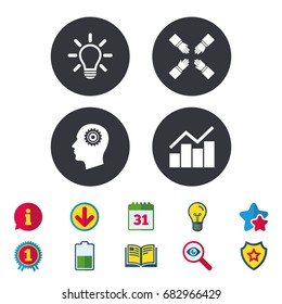 Lamp idea and head with gear icons. Graph chart diagram sign. Teamwork symbol. Calendar, Information and Download signs. Stars, Award and Book icons. Light bulb, Shield and Search. Vector