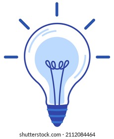 Lamp idea icon, object blue light on white background. Glowing light bulb with warm light. Concept of idea and insight or burst of energy. Lightbulb glass illumination bright electricity symbol