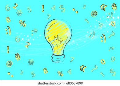 Lamp idea on the background of signs and symbols. Illustration for your design.