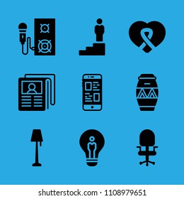 lamp, idea, smartphone, promotion, drum, desk chair, awareness ribbon inside a heart, speaker and newspaper vector icon. Simple icons set