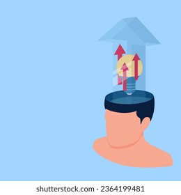 the lamp of ideas shines in a transparent arrow box above a large head, a metaphor for a growing mind