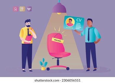 La lámpara ilumina la silla vacía de la oficina, la vacante. Proceso de contratación, búsqueda de nuevos empleados, recursos humanos. Entrevista laboral, su especialista habla con el solicitante. Estamos contratando. buscador de trabajo sostiene cv.