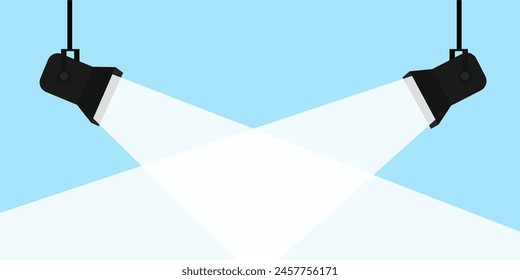 Icono de iluminación de la lámpara en estilo plano. Ilustración vectorial Spotlight. Proyector de películas. Vector de foco plano sobre fondo azul con espacio para texto.