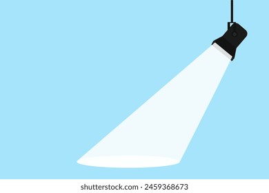 Lamp illumination icon in flat style. Spotlight vector illustration. Movie spotlight. Vector flat spotlight on blue background with space for text.