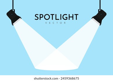 Lamp illumination icon in flat style. Spotlight vector illustration. Movie spotlight. Vector flat spotlight on blue background with space for text.