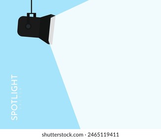 Lamp illumination icon in flat style. Spotlight vector illustration. Movie spotlight. Vector flat spotlight on blue background with space for text.