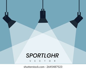Icono de iluminación de la lámpara en estilo plano. Vector de proyector, proyector de película. proyectores Vector sobre fondo azul con espacio para texto. Ilustración vectorial de Spotlight 