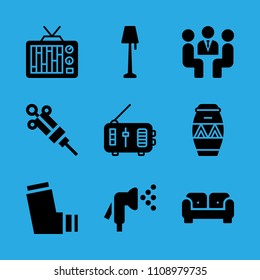 lamp, inhaler, watering, meeting, syringe, radio, drum, television and sofa vector icon. Simple icons set