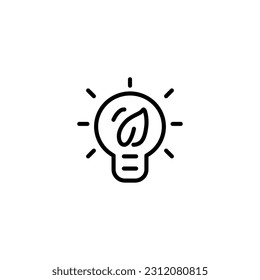 Lamp with leaf nature. Vector line icon black and white with green eco energy theme