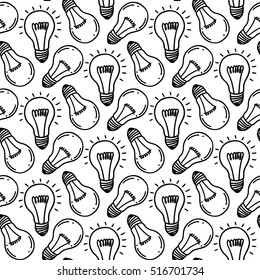 Lamp light bulb hand drawn seamless pattern design. Light bulbs icon. Concept of big ideas inspiration, innovation.  Isolated.Vector illustration.  Idea symbol. Vector. sketch. Hand-drawn doodle sign.