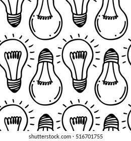 Lamp light bulb hand drawn seamless pattern design. Light bulbs icon. Concept of big ideas inspiration, innovation.  Isolated.Vector illustration.  Idea symbol. Vector. sketch. Hand-drawn doodle sign.