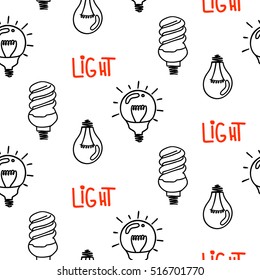 Lamp light bulb hand drawn seamless pattern design. Light bulbs icon. Concept of big ideas inspiration, innovation.  Isolated.Vector illustration.  Idea symbol. Vector. sketch. Hand-drawn doodle sign.