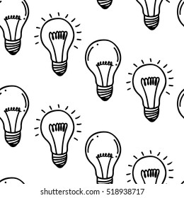 Lamp light bulb hand drawn seamless pattern design. Light bulbs icon. Concept of big ideas inspiration, innovation.  Isolated. Vector illustration.  Idea symbol. Vector. sketch. Hand-drawn doodle sign