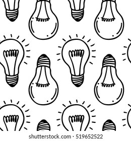 Lamp light bulb hand drawn seamless pattern design. Light bulbs icon. Concept of big ideas inspiration, innovation.  Isolated. Vector illustration.  Idea symbol. Vector. sketch. Hand-drawn doodle sign