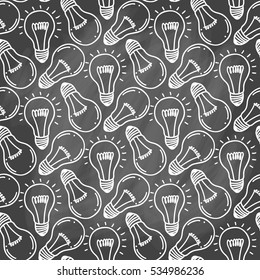 Lamp light bulb hand drawn seamless pattern design. Light bulbs icon.Idea, inspiration, innovation. Isolated. Vector illustration.  Idea symbol. Vector sketch. Hand-drawn doodle sign. Chalk background