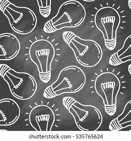 Lamp light bulb hand drawn seamless pattern design. Light bulbs icon.Idea, inspiration, innovation. Isolated. Vector illustration.  Idea symbol. Vector sketch. Hand-drawn doodle sign. Chalk background