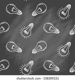 Lamp light bulb hand drawn seamless pattern design. Light bulbs icon.Idea, inspiration, innovation. Isolated. Vector illustration.  Idea symbol. Vector sketch. Hand-drawn doodle sign. Chalk background