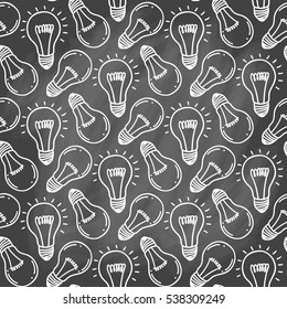 Lamp light bulb hand drawn seamless pattern design. Light bulbs icon.Idea, inspiration, innovation. Isolated. Vector illustration.  Idea symbol. Vector sketch. Hand-drawn doodle sign. Chalk background