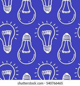 Lamp light bulb hand drawn seamless pattern design. Light bulb icon. Concept of big ideas inspiration, innovation.  Isolated. Vector illustration. Idea symbol. Vector. sketch. Hand-drawn doodle sign.