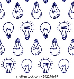 Lamp light bulb hand drawn seamless pattern design. Light bulb icon. Concept of big ideas inspiration, innovation.  Isolated. Vector illustration. Idea symbol. Vector. sketch. Hand-drawn doodle sign.