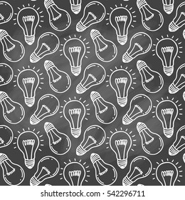 Lamp light bulb hand drawn seamless pattern design. Light bulbs icon.Idea, inspiration, innovation. Isolated. Vector illustration.  Idea symbol. Vector sketch. Hand-drawn doodle sign. Chalk background