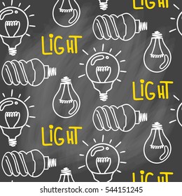 Lamp light bulb hand drawn seamless pattern design. Light bulbs icon.Idea, inspiration, innovation. Isolated. Vector illustration.  Idea symbol. Vector sketch. Hand-drawn doodle sign. Chalk background