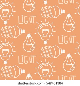 Lamp light bulb hand drawn seamless pattern design. Light bulbs icon. Concept of big ideas inspiration, innovation.  Isolated. Vector illustration. Idea symbol. Vector. sketch. Hand-drawn doodle sign.