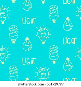 Lamp light bulb hand drawn seamless pattern design. Light bulbs icon. Concept of big ideas inspiration, innovation. Isolated. Vector illustration.  Idea symbol. Vector. sketch. Hand-drawn doodle sign.