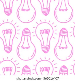 Lamp light bulb hand drawn seamless pattern design. Light bulbs icon. Concept of big ideas inspiration, innovation. Isolated. Vector illustration.  Idea symbol. Vector. sketch. Hand-drawn doodle sign.
