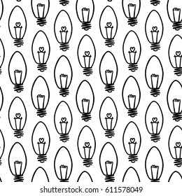 Lamp, light bulb with heart seamless pattern design. Hand drawn doodle light bulb icon. Concept of big idea inspiration, innovation, love. Vector illustration. Idea and love symbol. Sketch.